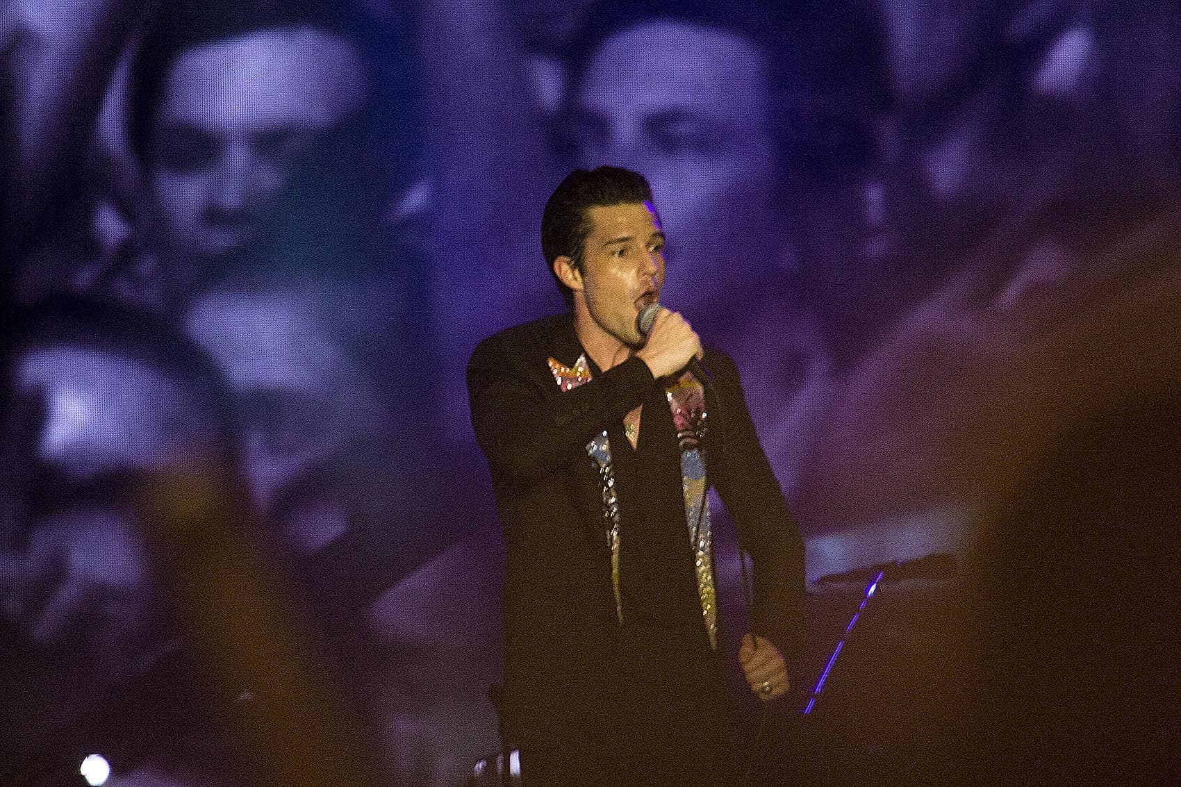 Brandon Flowers ends the first night of Boston Calling with The Killers. (Jesse Costa/WBUR)