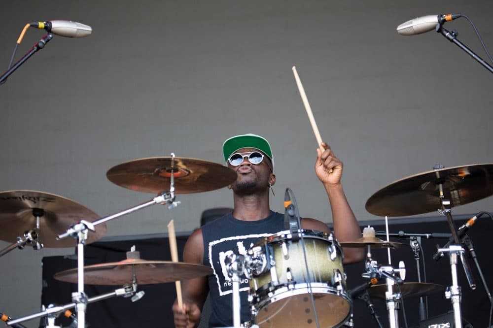 Drummer Isaac Teel performs with TAUK. (Jesse Costa/WBUR)