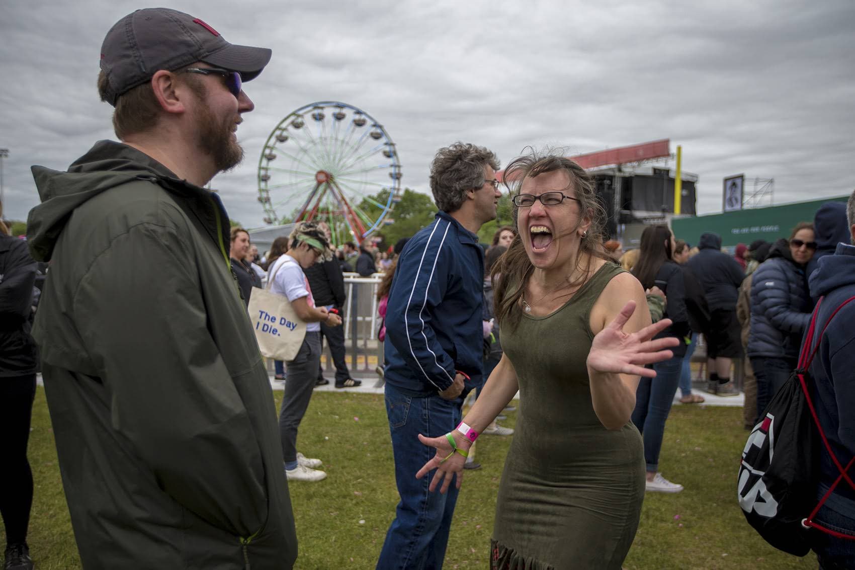 Bernadette Buck dances as Weakened Friends performs Sunday afternoon. (Jesse Costa/WBUR)