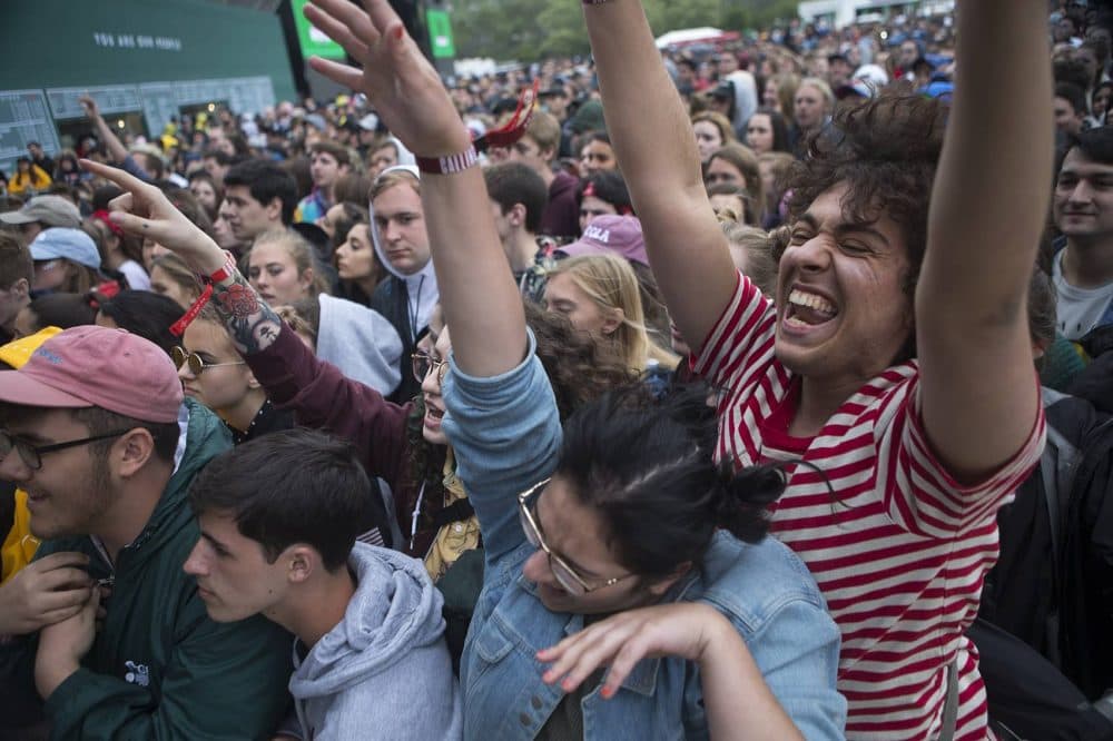 Lauren MacAurther and Kyle Benor get into Alvvays. (Jesse Costa/WBUR)