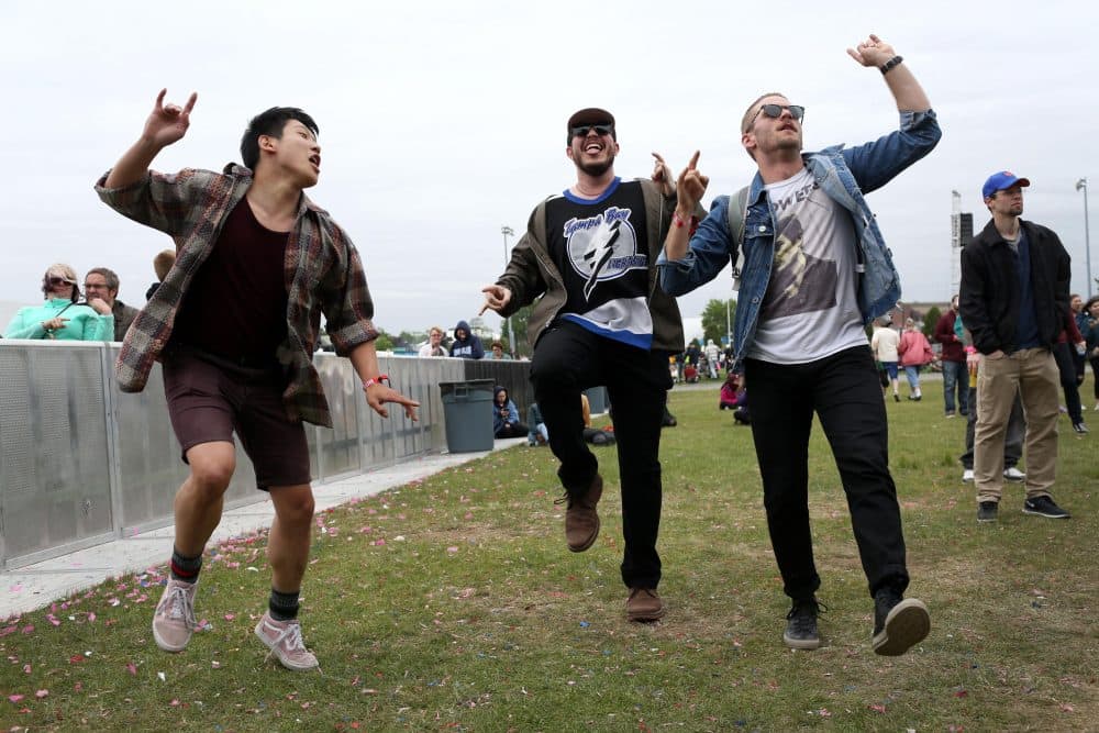 Leo Son, Ryne Steinborn and Austin Allen of Boston dance to Weakened Friends. (Hadley Green for WBUR)