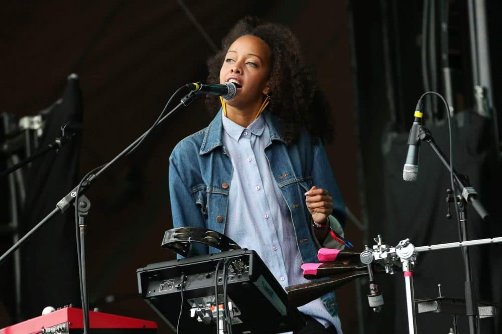 Felicia Douglass from The Dirty Projectors sings at Boston Calling. (Hadley Green for WBUR)