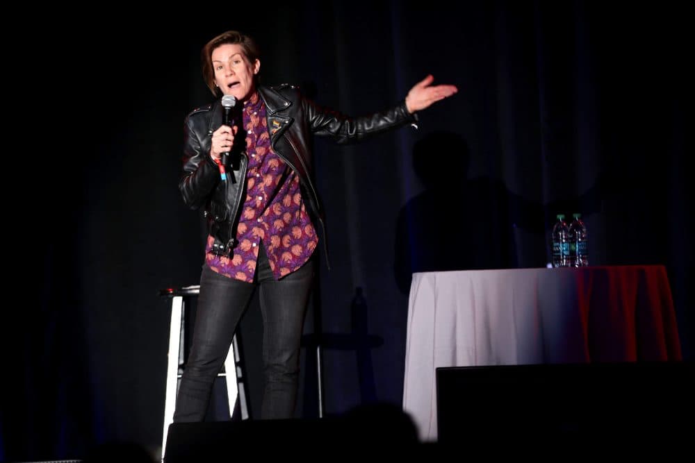 Comedian Cameron Esposito does a standup routine at the Boston Calling indoor arena. (Hadley Green for WBUR)