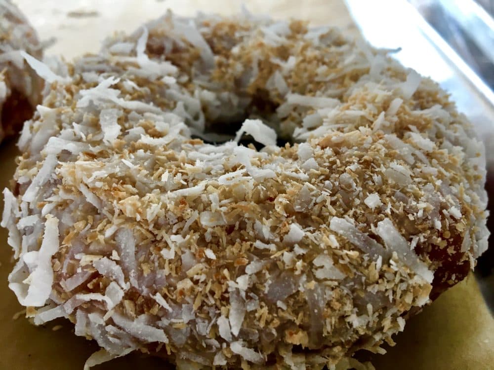 A vegan toasted coconut doughnut from Union Square Donuts. (Andrea Shea/WBUR)