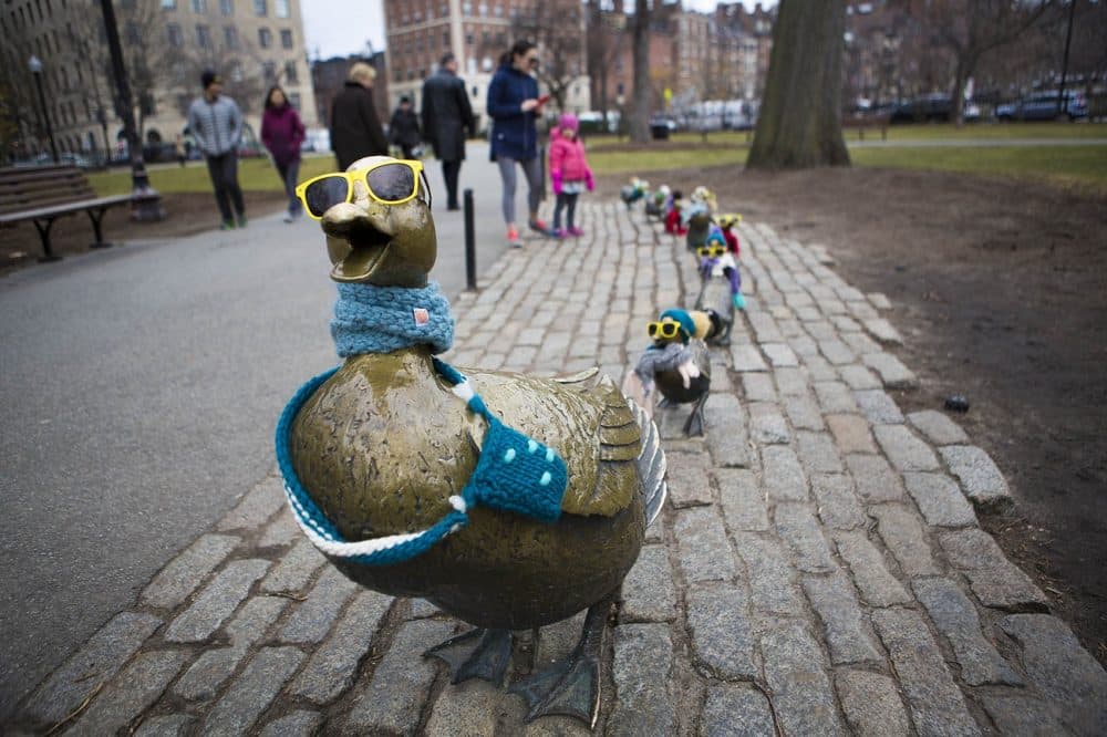The &quot;Make Way For Ducklings&quot; statues in the Public Garden. (Jesse Costa/WBUR)