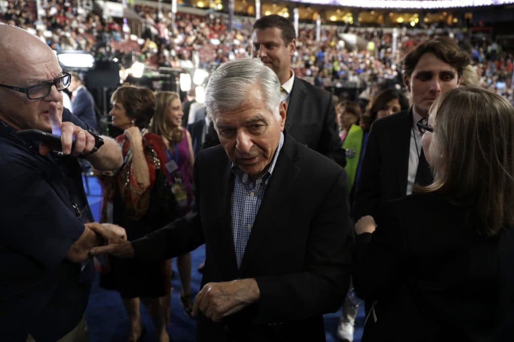 Former Massachusetts Gov. Michael Dukakis arrives on the convention floor during the third day session of the Democratic National Convention in Philadelphia, Wednesday, July 27, 2016. Dukakis told Jon Keller of WBZ that current Gov. Charlie Baker lacks &quot;that sense of urgency&quot; in an interview Sunday, May 20, 2018. (John Locher/AP)