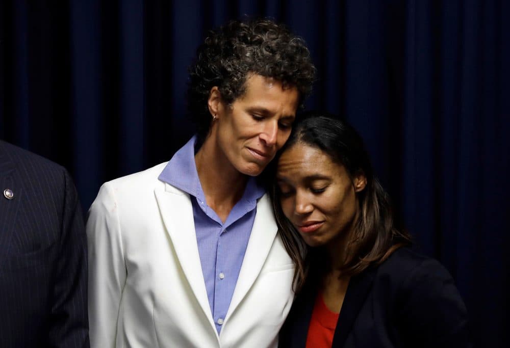 Bill Cosby accuser Andrea Constand embraces prosecutor Kristen Feden, right, during a news conference after Cosby was found guilty in his sexual assault trial, Thursday, April 26, 2018, in Norristown, Pa. (Matt Slocum/AP)