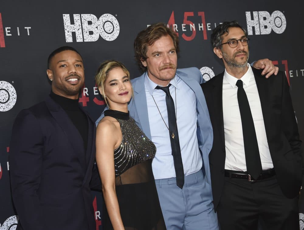Actors Michael B. Jordan, from left, Sofia Boutella, Michael Shannon and writer/director Ramin Bahrani pose together at the premiere of HBO Films' "Fahrenheit 451" at the NYU Skirball Center on Tuesday, May 8, 2018, in New York. (Evan Agostini/Invision/AP)