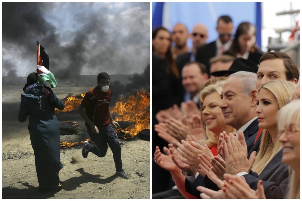 In this photo combination, Palestinians protest near the border of Israel and the Gaza Strip, left, and on the same day dignitaries, including Israeli Prime Minister Benjamin Netanyahu, Senior White House Advisor Jared Kushner and Ivanka Trump, applaud at the opening ceremony of the new U.S. embassy in Jerusalem on Monday. (AP)