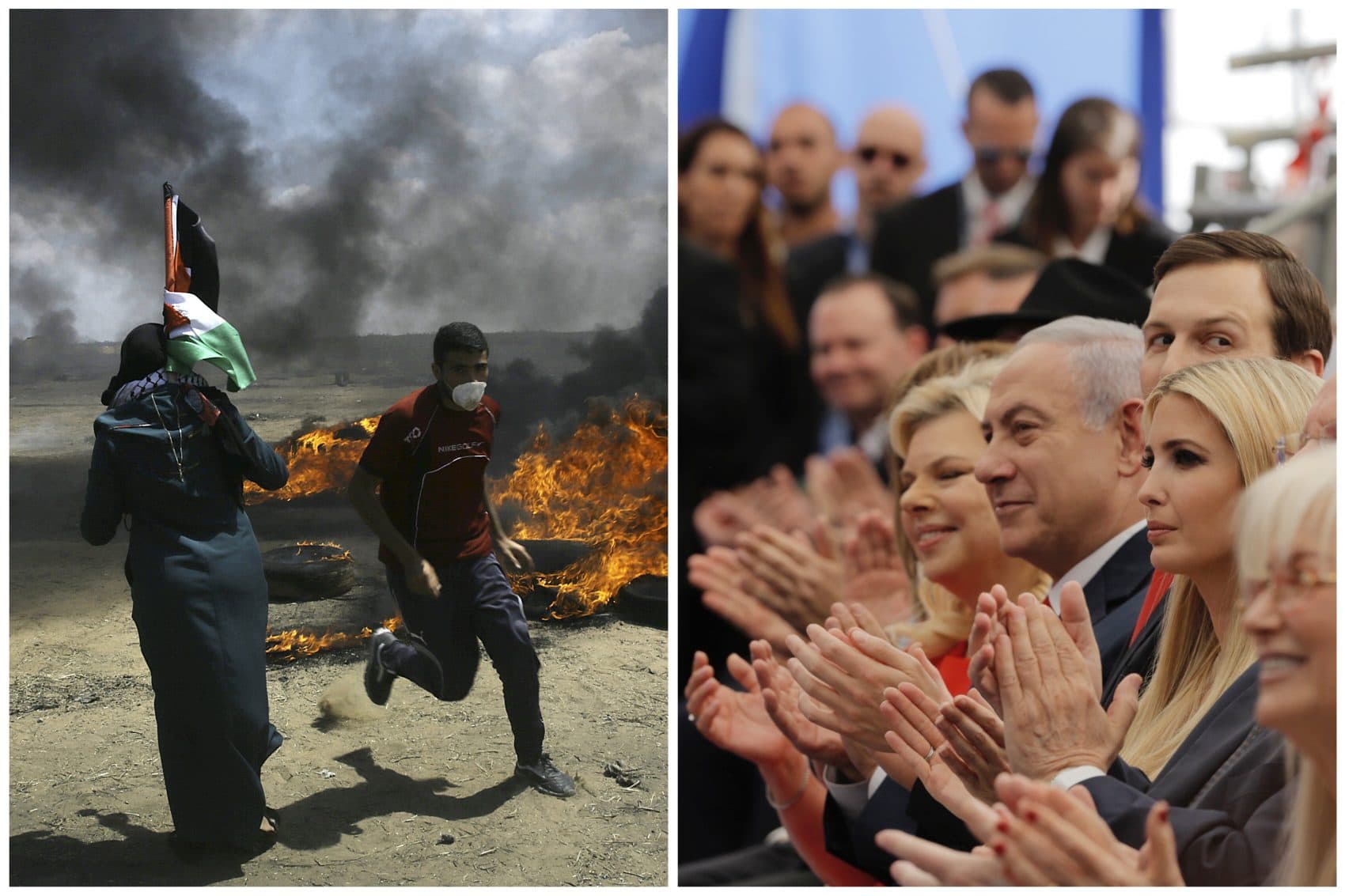 In this photo combination, Palestinians protest near the border of Israel and the Gaza Strip, left, and on the same day dignitaries, including Israeli Prime Minister Benjamin Netanyahu, Senior White House Advisor Jared Kushner and Ivanka Trump, applaud at the opening ceremony of the new U.S. embassy in Jerusalem on Monday. (AP)