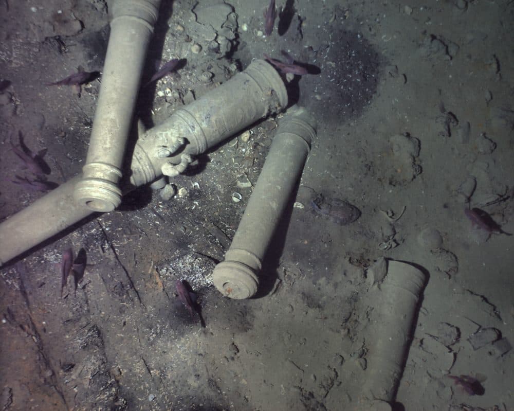 This November 2015 photo released Monday, May 21, 2018, by the Woods Hole Oceanographic Institution shows cannons from the 300-year-old shipwreck of the Spanish galleon San Jose on the floor of the Caribbean Sea off the coast of Colombia. (Woods Hole Oceanographic Institution via AP)