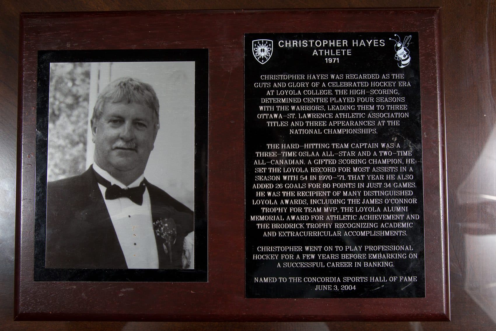 Chris Hayes’s alumni plaque from Loyola College, later incorporated into Concordia University. (Wayne Cuddington/ Postmedia)