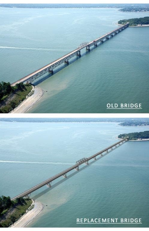 The old bridge to Long Island, and an artist's rendering of a new bridge. (Courtesy of the city of Boston)