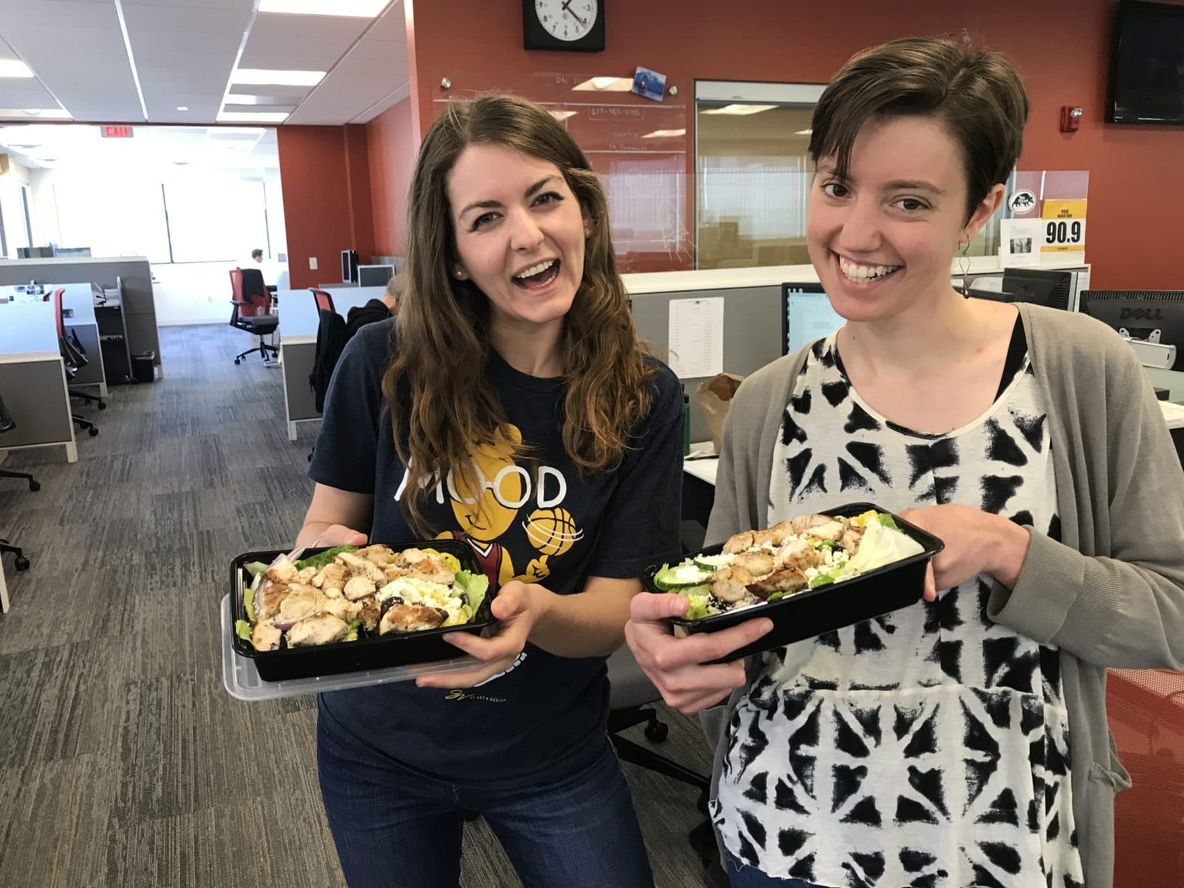 Allison and Anna of On Point with their salads. (Jeremy Rellosa/WBUR)
