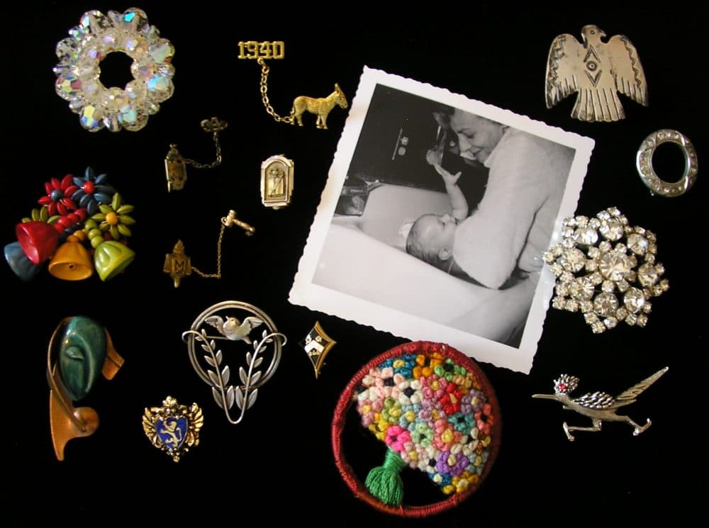 The pins that belonged to the author's mother, alongside a photo of the author and her mother, circa 1961. (Courtesy)
