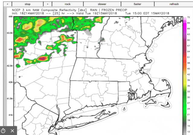 A line of showers and storms will move through the region this afternoon and evening. (Courtesy WeatherBell)