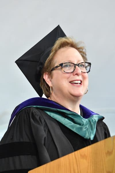 UNICEF CEO Caryl Stern delivers a commencement speech to the undergraduate class of 2018 at Babson College. (Courtesy of Babson College)