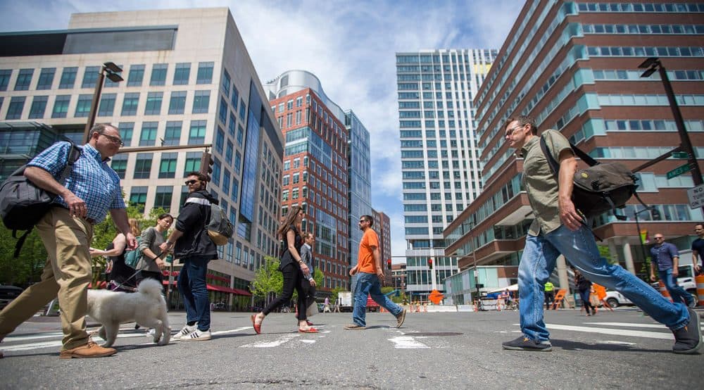 Kendall Square in Cambridge, home to hundreds of technology and life science companies, is among the business centers most affected by a new law governing noncompete agreements. (Jesse Costa/WBUR)