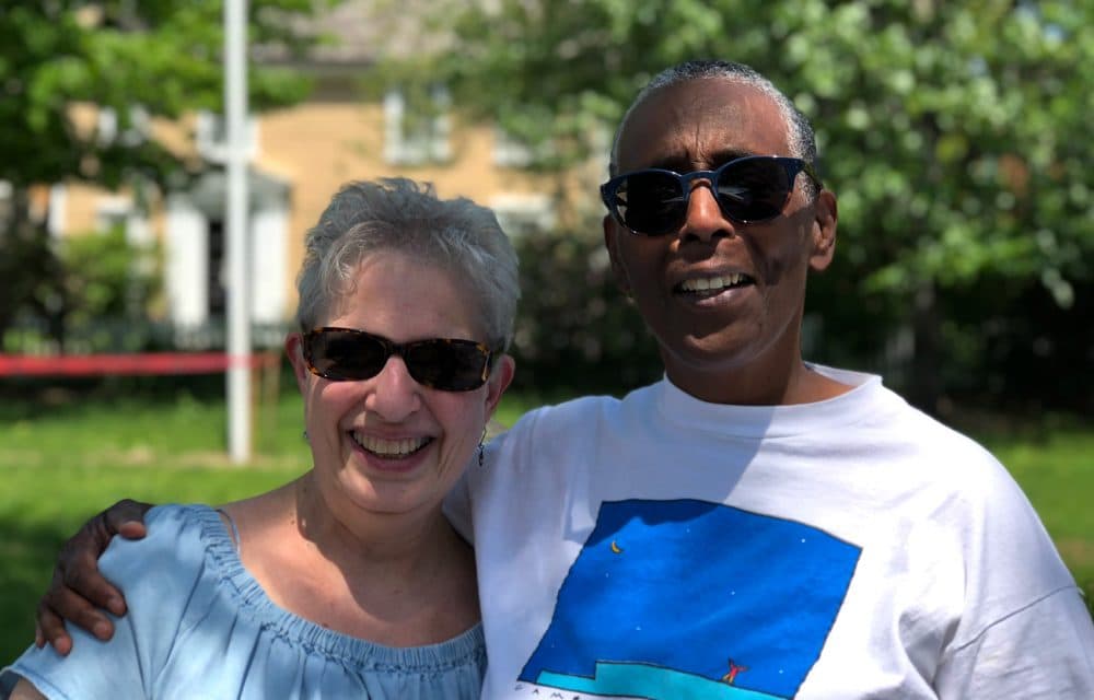 Anne Greenwald, left, and Deborah Brown in front of the Devotion House in Brookline (Max Larkin/WBUR)