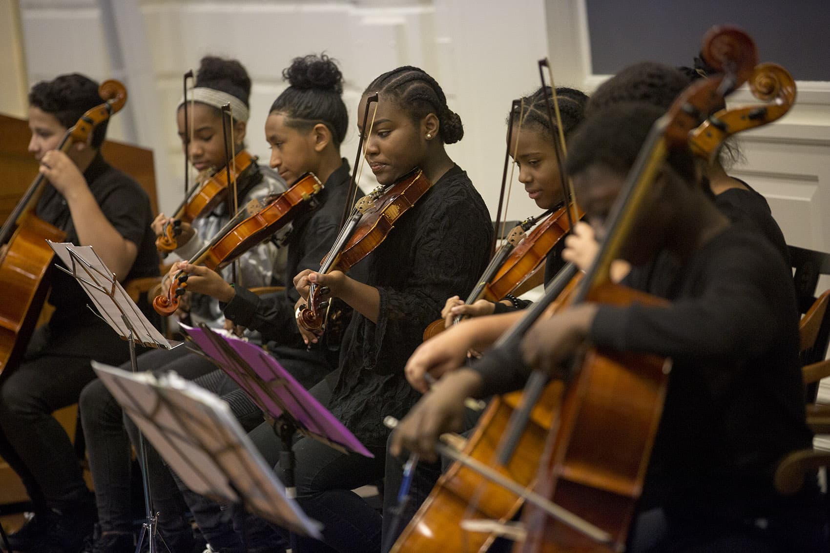 Students from the Conservatory Lab Charter School in Boston perform during a recent conference at the Harvard Graduate School of Education. (Jesse Costa/WBUR)
