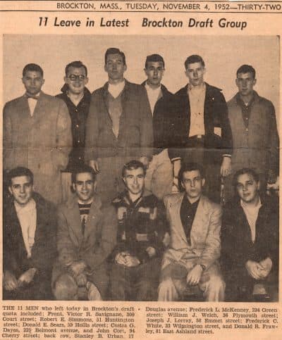 A Nov. 4, 1952 article from The Brockton Enterprise shows Cort's draft group. Cort is farthest right in the front row. (Courtesy John Cort)