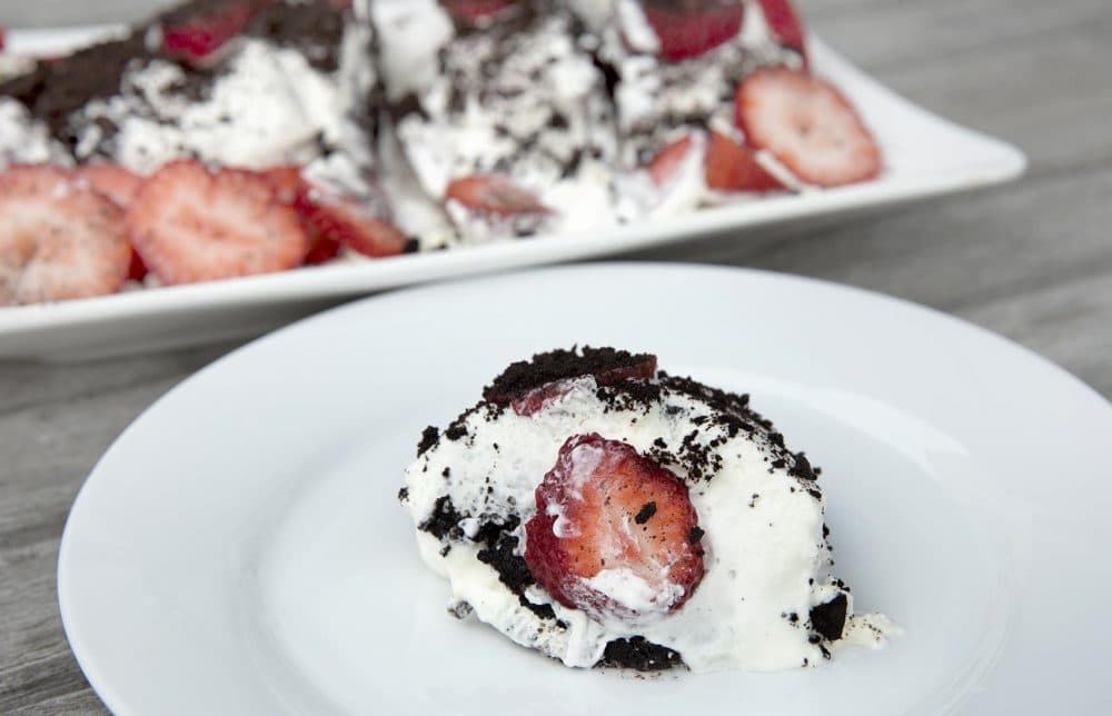 Chocolate-strawberry whipped cream refrigerator roll, from chef Kathy Gunst. (Robin Lubbock/WBUR)