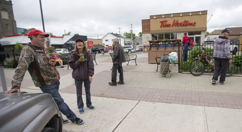 The scene outside of Tim Horton's in downtown Smiths Falls. (Jesse Costa/WBUR)