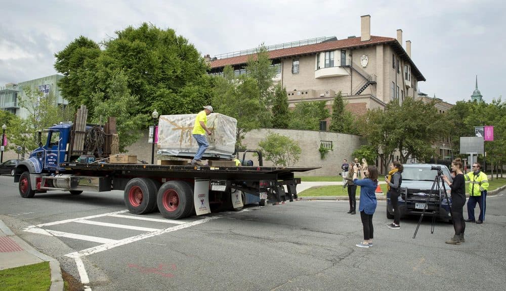 The moving crew loads the Farnese Sarcophagus onto a truck to drive it around to the rear entrance of the Isabella Stewart Gardner Museum. (Robin Lubbock/WBUR)