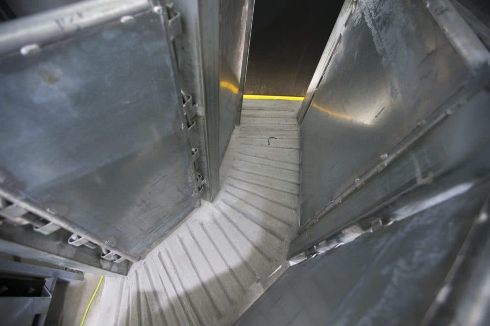 Some key elements to humane treatment will be in use at Meatworks. Curved chutes restricting animals from seeing what is ahead keeps them calm, and non-slip flooring reduces the risk of the animals falling and injuring themselves. (Jesse Costa/WBUR)