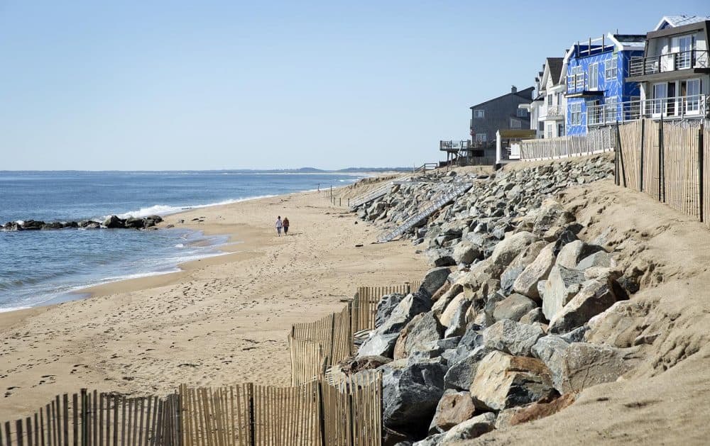A rock barrier constructed between houses and the ocean on Plum Island (Robin Lubbock/WBUR)