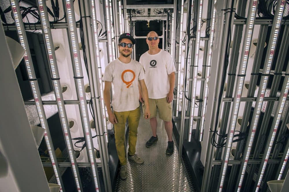 STEM Cultivation co-founders Chris Denaro and Kyle Moffitt stand in a prototype of the STEM Box. (Jesse Costa/WBUR)