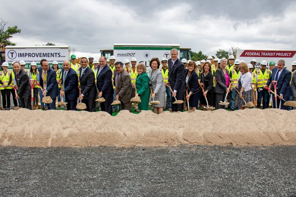 Gov. Charlie Baker and other officials mark the groundbreaking of the Green Line Extension, on Monday in Somerville. (Courtesy of Rachel Mandelbaum for the Office of the Governor)