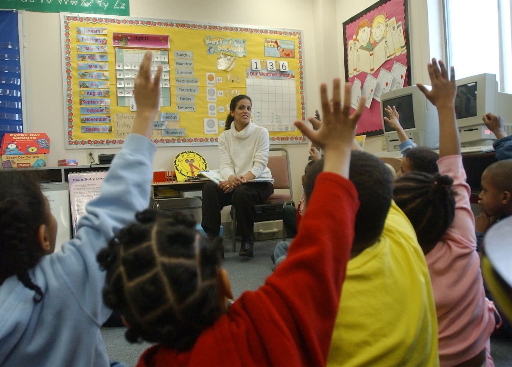 A Brockton elementary school class is seen in 2004. Years before, in the 1990s, students in Brockton and 15 other cities and towns sued the state, arguing that it was failing to provide students the opportunity to receive an &quot;adequate education&quot; and so was violating the Massachusetts Constitution. (Chitose Suzuki/AP)