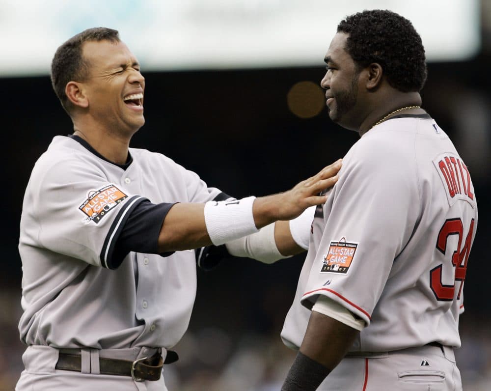 American League's Alex Rodriguez, left, of the New York Yankees, laughs with American League's David Ortiz, of the Boston Red Sox, after Rodriguez grounded out to end the first inning during the All-Star baseball game in San Francisco, Tuesday, July 10, 2007. (Eric Risberg/AP)