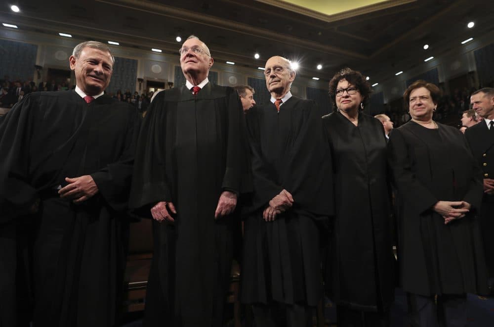 Chief Justice John Roberts, from left, (L) and Supreme Court Justices Anthony Kennedy, Stephen Breyer, Sonia Sotomayor and Elena Kagan arrive for President Donald Trump's first address to a joint session of Congress in February 2017. (Jim Lo Scalzo/AP)