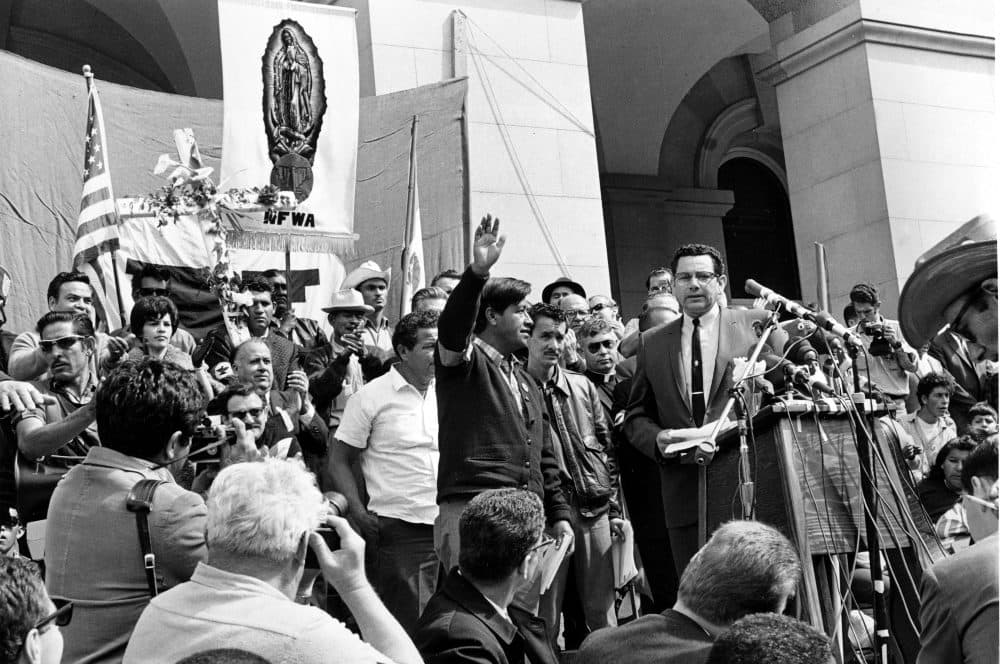 In this April 11, 1966, file photo, Cesar Chavez, leader of the Delano grape pickers' strike, waves to the crowd from the steps of the California Capitol in Sacramento. Chavez led his strikers and sympathizers on an over 300-mile, 25-day pilgrimage from Delano to the capitol in an attempt to meet with Gov. Brown on Easter Sunday. (AP Photo/File)