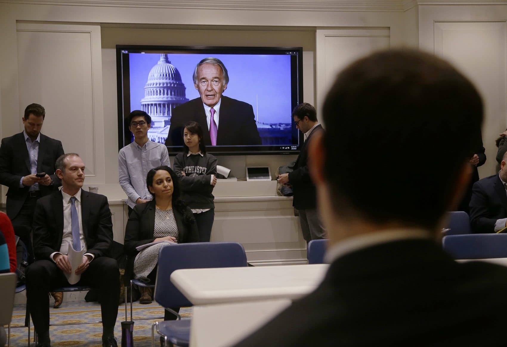 U.S. Sen. Ed Markey, D-Mass, via a taped recording from Washington, addresses a state legislative panel hearing as it considers how Massachusetts might respond after the Federal Communications Commission repealed net neutrality rules at the Massachusetts Statehouse Tuesday, Feb. 6, 2018, in Boston. (Stephan Savoia/AP)