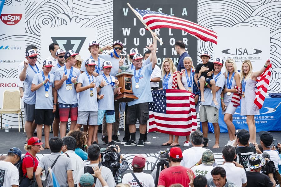 Joey Buran and Team USA celebrate after winning at the 2017 ISA World Junior Championships in Japan. (Ben Reed, Courtesy USA Surfing)