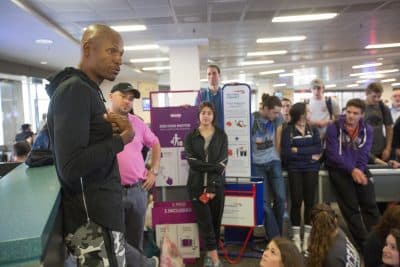 Allen gave an impromptu speech to a school group also heading to Poland to study the Holocaust. (Elan Kawesch)