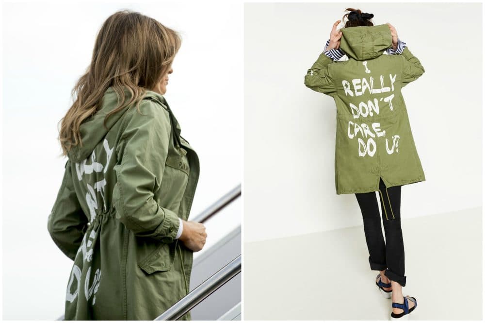 L-R: First lady Melania Trump boards a plane at Andrews Air Force Base, Md., Thursday, June 21, 2018, to travel to Texas. A model wears a jacket from Zara. (Andrew Harnik/AP)

