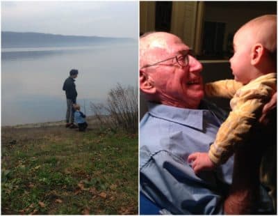 Left: Josh Fattal with son Isaiah, looking out on the Hudson River. Right: Josh's grandfather with son Isaiah. (Courtesy Josh Fattal)