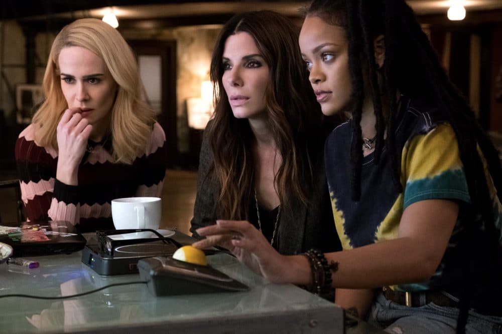 Left to right, Sarah Paulson as Tammy, Sandra Bullock as Debbie Ocean and Rihanna as Nine Ball in &quot;Ocean's 8.&quot; (Courtesy Barry Wetcher/Warner Bros.)