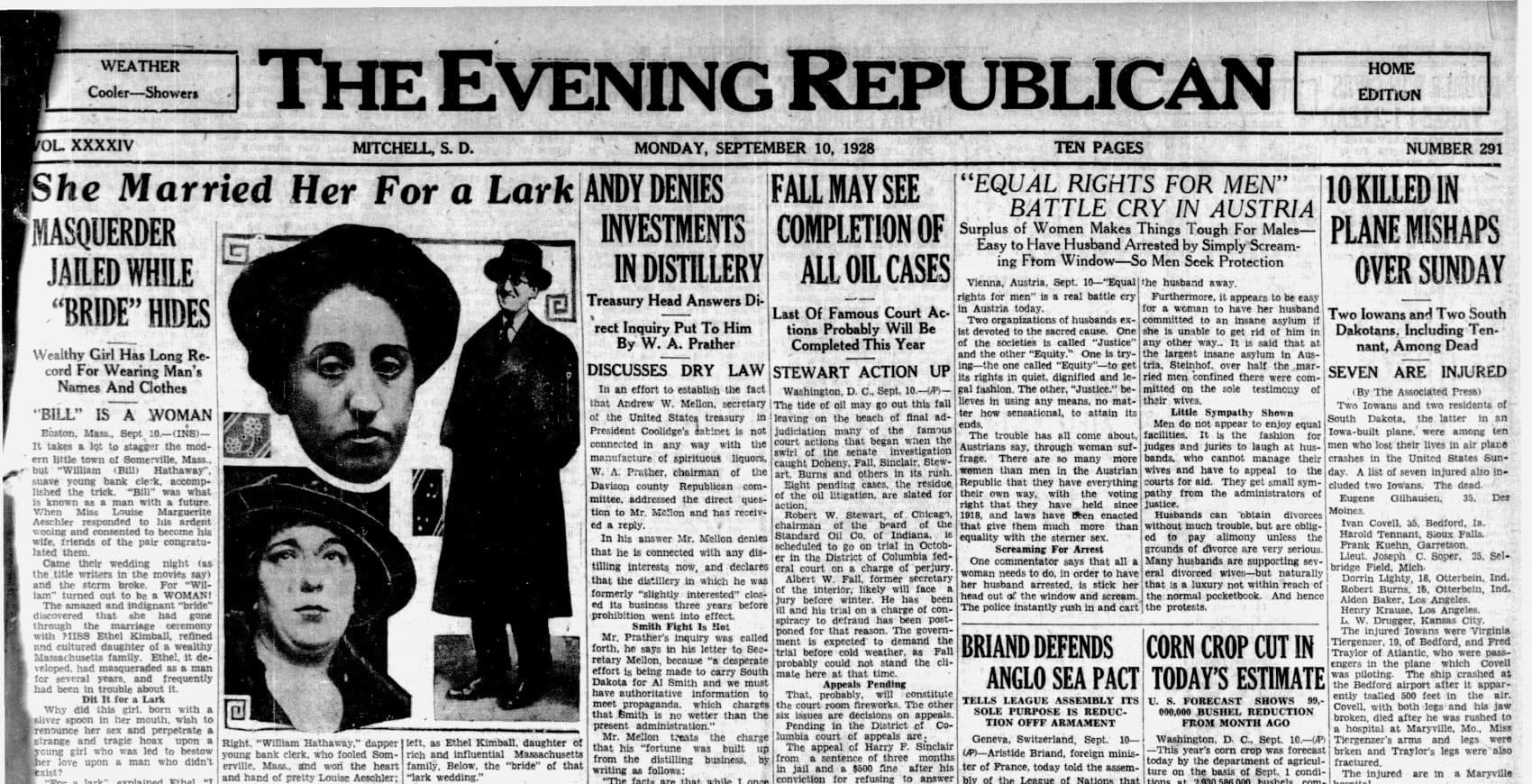 Newspaper headlines from Ethel Kimball's arrests.