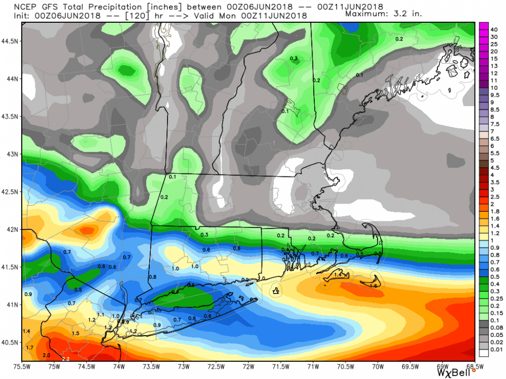 Dry weather continues for most of southern New England into the weekend. This image shows the amount of rain expected to fall into Sunday. Note the sharp cut-off south. This trend will continue. (Courtesy WeatherBell)