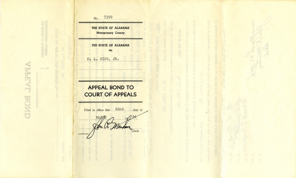 Martin Luther King Jr.'s appeal bond, filed on March 22, 1956. (Used by permission of The Alabama State University Archives, on loan from the Montgomery County, Ala. Circuit Clerk)