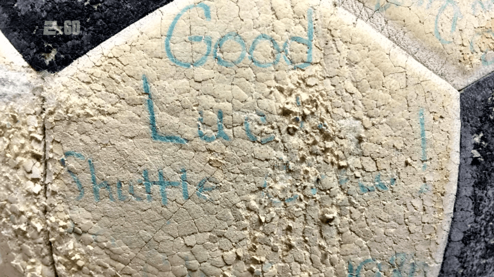 &quot;Good Luck Shuttle Crew,&quot; still just legible from when it was written in 1986, days before the Challenger tragedy. (Courtesy Clear Lake High School via ESPN)