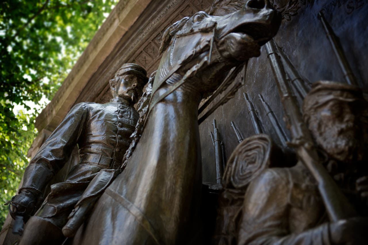 Robert Gould Shaw on horseback in the memorial. (Jesse Costa/WBUR)