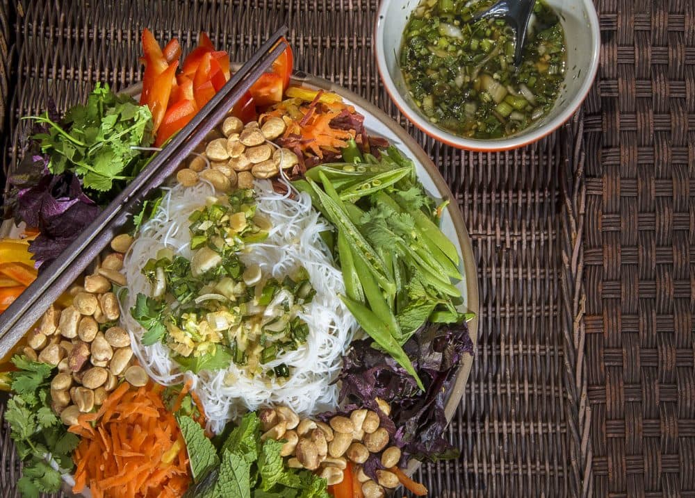 Chef Kathy Gunst's Vietnamese-style rice noodle salad with vegetables, herbs and peanuts. (Jesse Costa/WBUR)