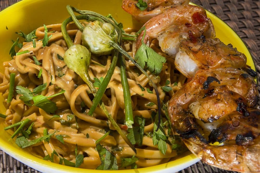 Kathy's spicy cold sesame noodles with grilled chile shrimp. (Jesse Costa/WBUR)