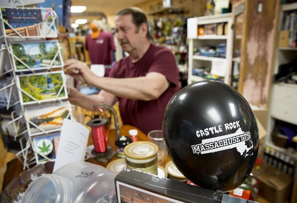 Castle Rock balloons and postcards at Brenda and Paul Anderson's store in Orange. (Robin Lubbock/WBUR)